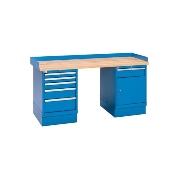 Lista International Industrial Workbench w/5 and 1 Drawer w/Shelf Cabinets, Butcher Block Top - Blue XSWB52-72BT/BB - main